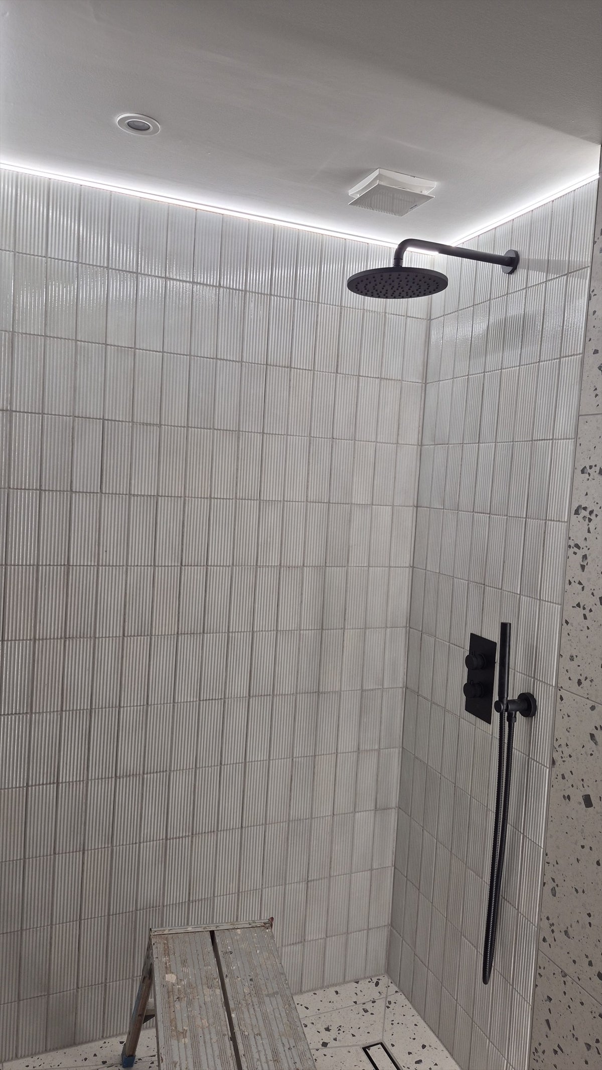 LED cove lighting and a downlight above the rainfall shower