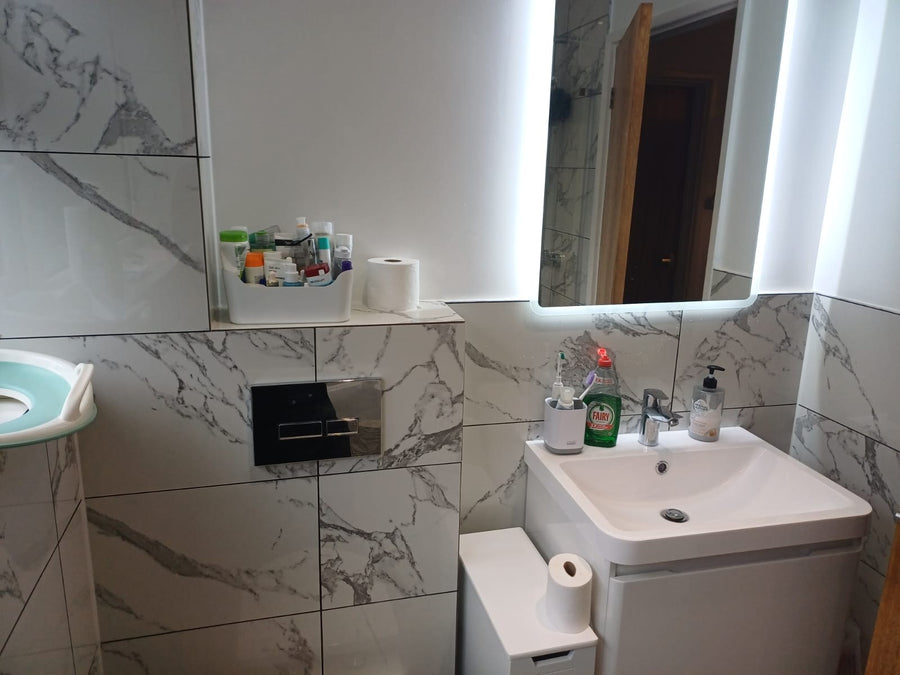 Vanity unit and flush plate below the backlit mirror