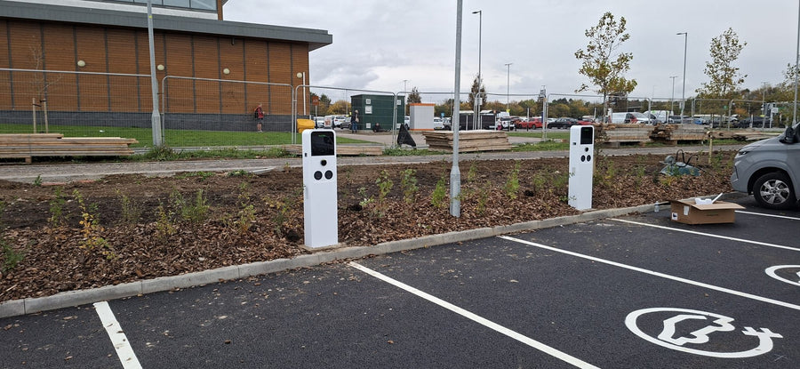 Charging posts ready at the end of the bays