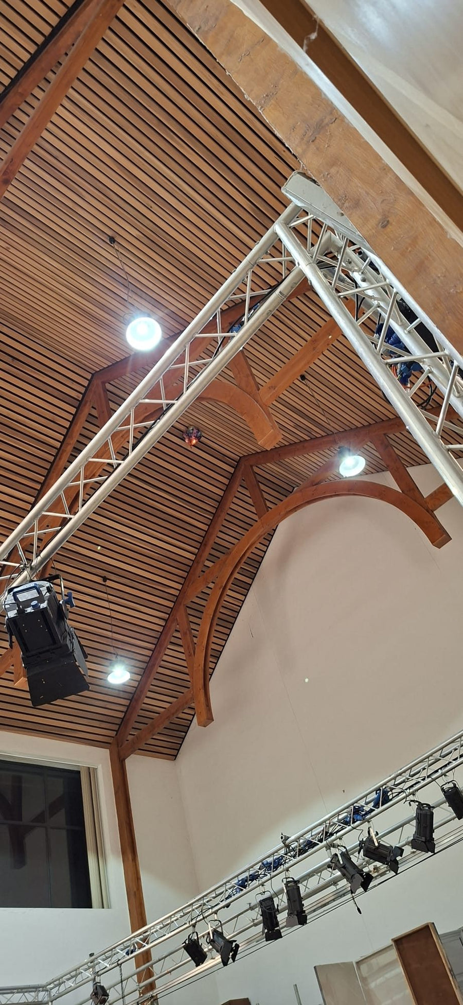 New LED downlights across the hall's timber ceiling