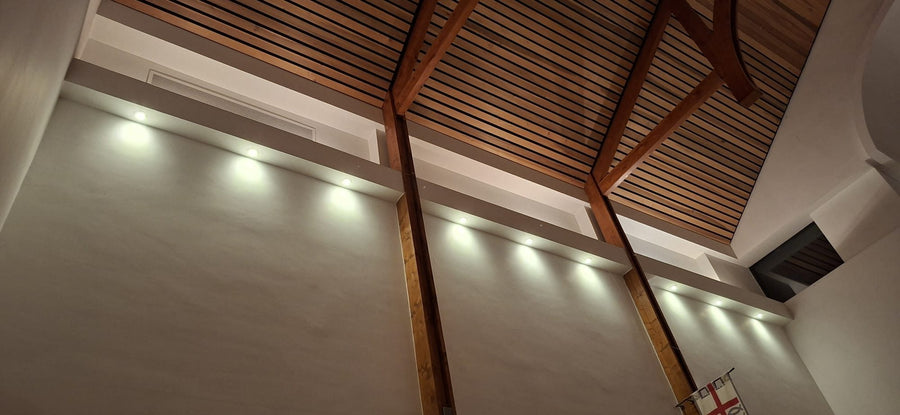 LED downlights set into the slatted ceiling