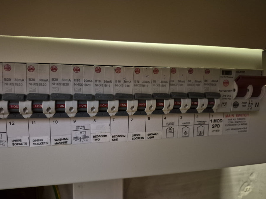Circuit breakers labelled for each part of the house