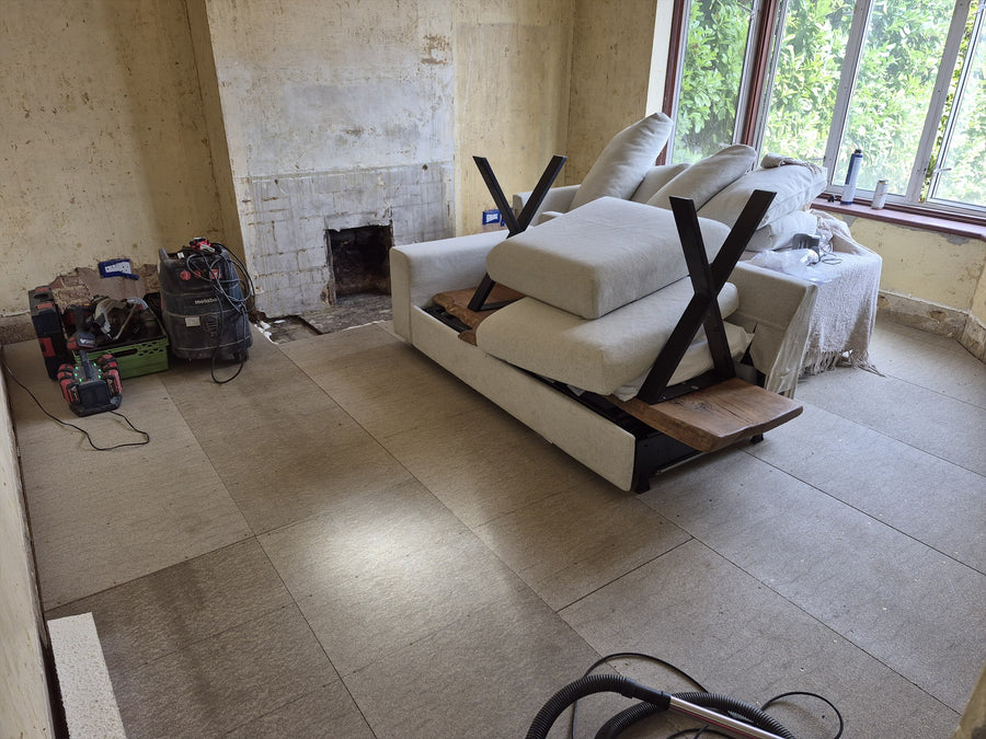 The new subfloor finished across the front room